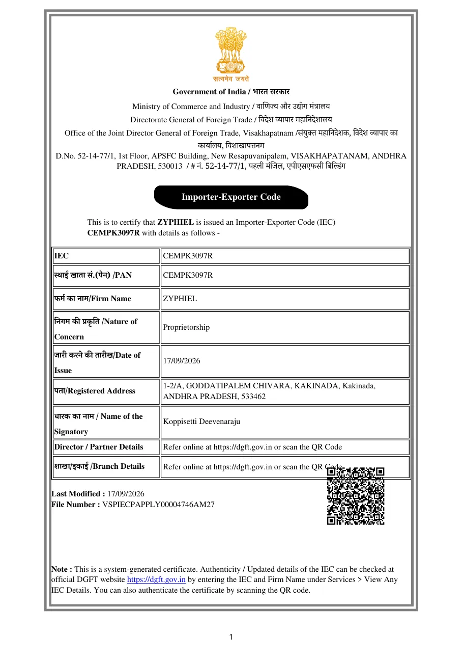 Importer-Exporter-Code-Zertifikat, ausgestellt für Zyphiel von der Generaldirektion für Außenhandel